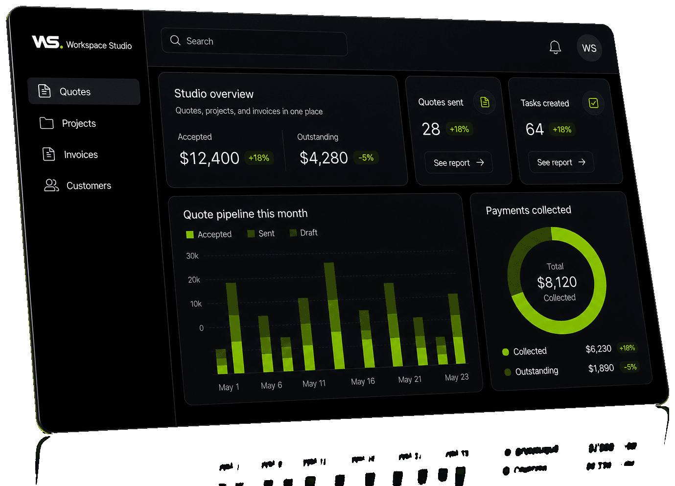 Workspace Studio dashboard with quotes, projects, and invoices